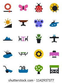 Color and black flat icon set - cafe vector, flower in pot, lawn mower, butterfly, lady bug, sun, pond, picnic table, brightness, pool, fruit tree, mountains, restaurant, alcove