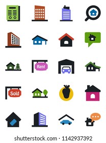 Color and black flat icon set - office building vector, house, real heart, contract, with garage, tree, rent, sold signboard, estate search, smart home, city, message