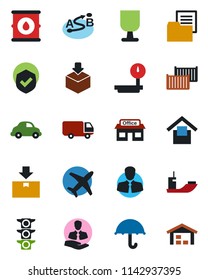 Color and black flat icon set - store vector, plane, traffic light, client, sea shipping, cargo container, car delivery, folder document, fragile, umbrella, warehouse storage, package, shield, route