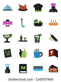 Color and black flat icon set - cook vector, dish, alcohol, restaurant table, hat, wine card, menu, reserved, cocktail, phyto bar, coffee, salad, bread, receipt, chicken, ladle, rolling pin, cheese