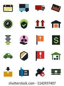 Color and black flat icon set - important flag vector, satellite, traffic light, office phone, client, car delivery, clock, term, receipt, consolidated cargo, up side sign, warehouse, package