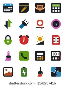 Color and black flat icon set - call vector, gallery, themes, calculator, clock, alarm, stopwatch, mail, sim, calendar, notes, data exchange, torch, brightness, lock, charge, application