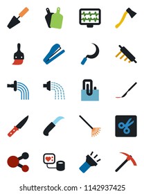 Color and black flat icon set - trowel vector, rake, watering, sickle, garden knife, axe, monitor pulse, blood pressure, scalpel, themes, torch, cut, paper clip, stapler, rolling pin, cutting board