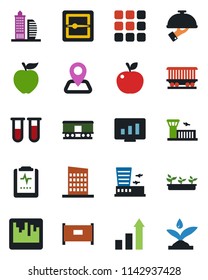 Color and black flat icon set - fence vector, airport building, growth statistic, monitor, seedling, blood test vial, pulse clipboard, navigation, railroad, menu, scanner, office, city house, waiter