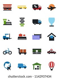 Color and black flat icon set - baggage conveyor vector, airport bus, alarm car, fork loader, plane globe, building, bike, railroad, traffic light, cargo container, delivery, fragile, moving