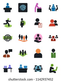 Color and black flat icon set - baby room vector, reception, speaking man, team, manager place, run, patient, pregnancy, client, group, user, fingerprint id, hr, desk, meeting, company, waiter