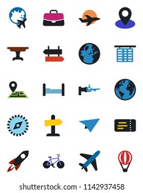 Color and black flat icon set - plane vector, signpost, ticket, boarding, flight table, globe, case, bike, navigation, earth, pin, compass, bedroom, rocket, paper, guidepost, air balloon