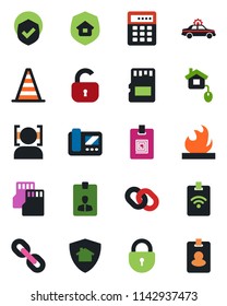 Color and black flat icon set - alarm car vector, border cone, lock, identity card, shield, flammable, chain, sd, face id, estate insurance, home control, intercome, protect, combination, pass