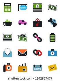 Color and black flat icon set - bomb in case vector, camera, mail, broken bone, cash, chain, battery, rooms, salad, calculator, car
