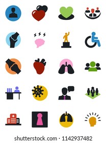Color and black flat icon set - female vector, disabled, pedestal, brainstorm, heart, lungs, real, joint, hospital, virus, speaker, user, company, manager desk, group, shining head