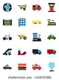 Color and black flat icon set - airport tower vector, bus, alarm car, ladder, seat map, building, wheelbarrow, ambulance, bike, earth, railroad, sea shipping, delivery, container, fragile