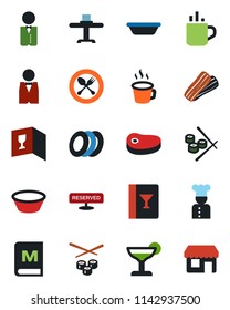 Color and black flat icon set - hot cup vector, spoon and fork, coffee, waiter, cook, restaurant table, wine card, menu, reserved, cocktail, plates, bacon, steak, bowl, sushi, storefront