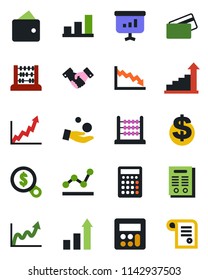 Color and black flat icon set - handshake vector, growth statistic, dollar sign, abacus, calculator, bar graph, point, contract, credit card, wallet, crisis, money search, investment, presentation