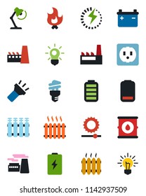 Color and black flat icon set - factory vector, fire, oil barrel, battery, low, torch, brightness, charge, desk lamp, heater, socket, radiator, bulb, energy saving, idea