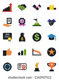 Color and black flat icon set - handshake vector, growth statistic, dollar sign, pedestal, medal, graduate, money bag, document, finger up, target, police, arrow graph, motivation, crisis, award cup