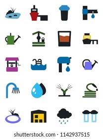 Color and black flat icon set - watering can vector, water drop, rain, well, hose, pond, drip irrigation, sea port, pool, supply, warehouse, bathroom, drink, filter