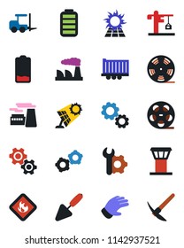 Color and black flat icon set - airport tower vector, fork loader, gear, factory, trowel, glove, truck trailer, flammable, reel, battery, low, root setup, crane, sun panel, hard work