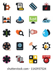 Color and black flat icon set - plane radar vector, bomb in case, passport, wind, luggage storage, contract, statistic monitor, water drop, heart diagnostic, pills blister, ambulance star, reel