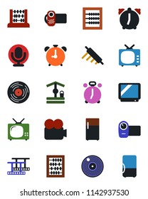 Color and black flat icon set - alarm clock vector, abacus, well, film frame, vinyl, tv, video camera, microphone, rolling pin, fridge