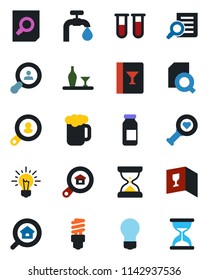 Color and black flat icon set - document search vector, bulb, blood test vial, heart diagnostic, ampoule, water supply, estate, client, alcohol, wine card, beer, energy saving, idea, sand clock