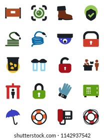 Color and black flat icon set - fence vector, passport control, security gate, umbrella, trash bin, safe, glove, boot, hose, shield, lock, eye id, intercome, water filter, surveillance