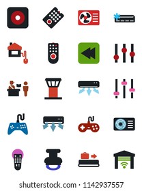Color and black flat icon set - airport tower vector, baggage conveyor, passport control, gamepad, settings, remote, rewind, rec button, tuning, stamp, air conditioner, home, garage gate