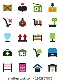 Color and black flat icon set - doctor case vector, container, fragile, cargo, warehouse storage, up side sign, no trolley, package, heavy scales, rack, radio, archive box, mailbox