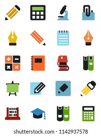 Color and black flat icon set - book vector, calculator, graduate, abacus, notepad, presentation board, pencil, microscope, notes, copybook, paper clip, ink pen