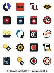 Color and black flat icon set - washer vector, gear, contract, circle chart, stamp, rec button, update, record, eye id, target, flower in pot, omelette, crisis management