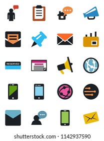 Color and black flat icon set - mobile phone vector, speaking man, mail, loudspeaker, network, cell, speaker, paper pin, clipboard, reserved, home message, schedule