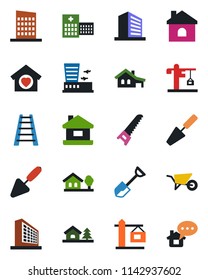 Color and black flat icon set - airport building vector, office, trowel, shovel, ladder, wheelbarrow, saw, house, hospital, with garage, tree, sweet home, city, crane, message