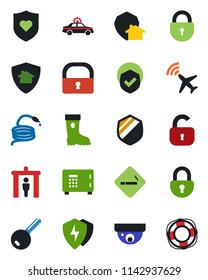 Color and black flat icon set - plane radar vector, security gate, smoking place, alarm car, safe, lock, boot, hose, heart shield, protect, key, home, surveillance, crisis management
