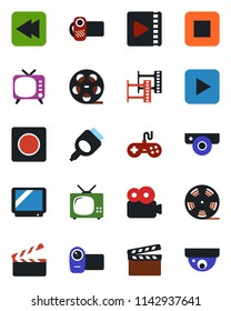 Color and black flat icon set - clapboard vector, film frame, reel, tv, gamepad, video camera, play button, stop, rewind, hdmi, record, web, surveillance