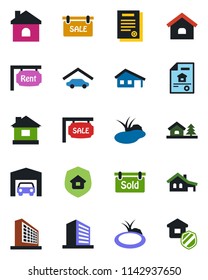 Color and black flat icon set - office building vector, house, pond, contract, with garage, tree, estate document, sale, rent, sold signboard, insurance