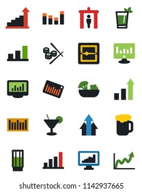 Color and black flat icon set - security gate vector, growth statistic, monitor, barcode, equalizer, scanner, statistics, bar graph, drink, cocktail, phyto, beer, salad, sushi, arrow up