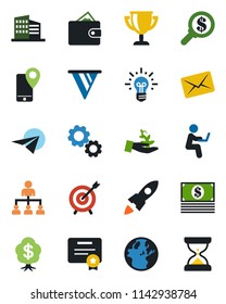 Color and black flat icon set - hierarchy vector, mobile tracking, office building, target, gear, palm sproute, rocket, wallet, pennon, earth, money search, idea, cash, paper plane, certificate