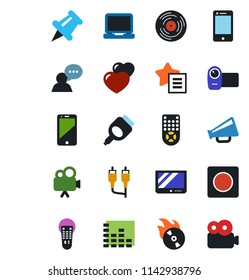 Color and black flat icon set - vinyl vector, flame disk, loudspeaker, equalizer, tv, video camera, remote control, cell phone, speaker, laptop pc, favorites list, heart, paper pin, rca, hdmi