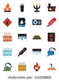 Color and black flat icon set - fire vector, hose, fireplace, thermometer, heater, air conditioner, candle, water, smoke detector, radiator, warm floor