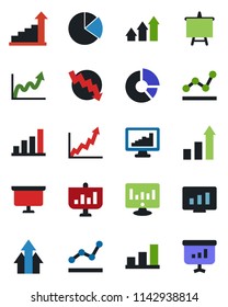 Color and black flat icon set - growth statistic vector, presentation board, crisis graph, monitor, circle chart, statistics, bar, pie, point, arrow up