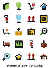 Color and black flat icon set - fragile vector, cargo, warehouse storage, up side sign, no trolley, hook, package, search, scanner, blank box