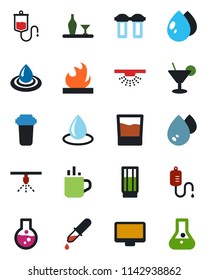 Color and black flat icon set - hot cup vector, water drop, dropper, flammable, monitor, alcohol, drink, cocktail, filter, sprinkler, flask