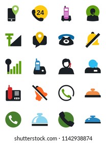 Color and black flat icon set - phone vector, reception bell, office, 24 hours, support, mobile tracking, radio, call, mute, cellular signal