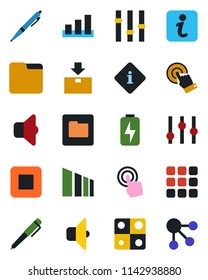 Color and black flat icon set - package vector, sorting, settings, touch screen, stop button, menu, folder, charge, application, pen, sound, information, social media