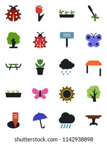 Color and black flat icon set - umbrella vector, sun, flower in pot, tree, butterfly, lady bug, seedling, rain, plant label, picnic table, ripper, tulip