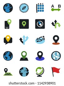Color and black flat icon set - globe vector, seat map, route, navigation, earth, pin, mobile tracking, network, place tag, compass, flag
