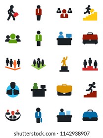Color and black flat icon set - manager vector, pedestal, team, place, client, case, company, desk, career ladder, group