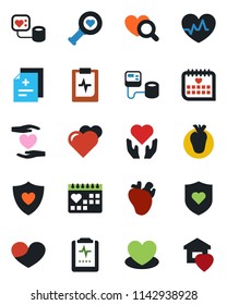 Color and black flat icon set - heart vector, pulse, diagnosis, blood pressure, diagnostic, shield, hand, real, medical calendar, clipboard, sweet home
