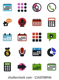 Color and black flat icon set - right arrow vector, calendar, circle chart, microphone, menu, calculator, phone, home message, money bag