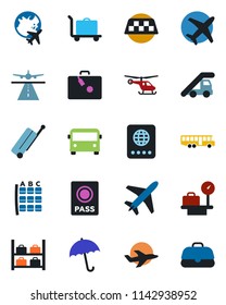 Color and black flat icon set - plane vector, runway, taxi, suitcase, baggage trolley, airport bus, umbrella, passport, ladder car, helicopter, seat map, luggage storage, scales, globe, case