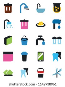 Color and black flat icon set - trash bin vector, shower, bucket, tooth, mobile, blank box, water supply, bathroom, serviette, filter, windmill